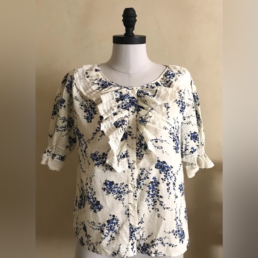 THE GREAT. Bishop Blue on White Floral Blouse - Picture 6 of 14